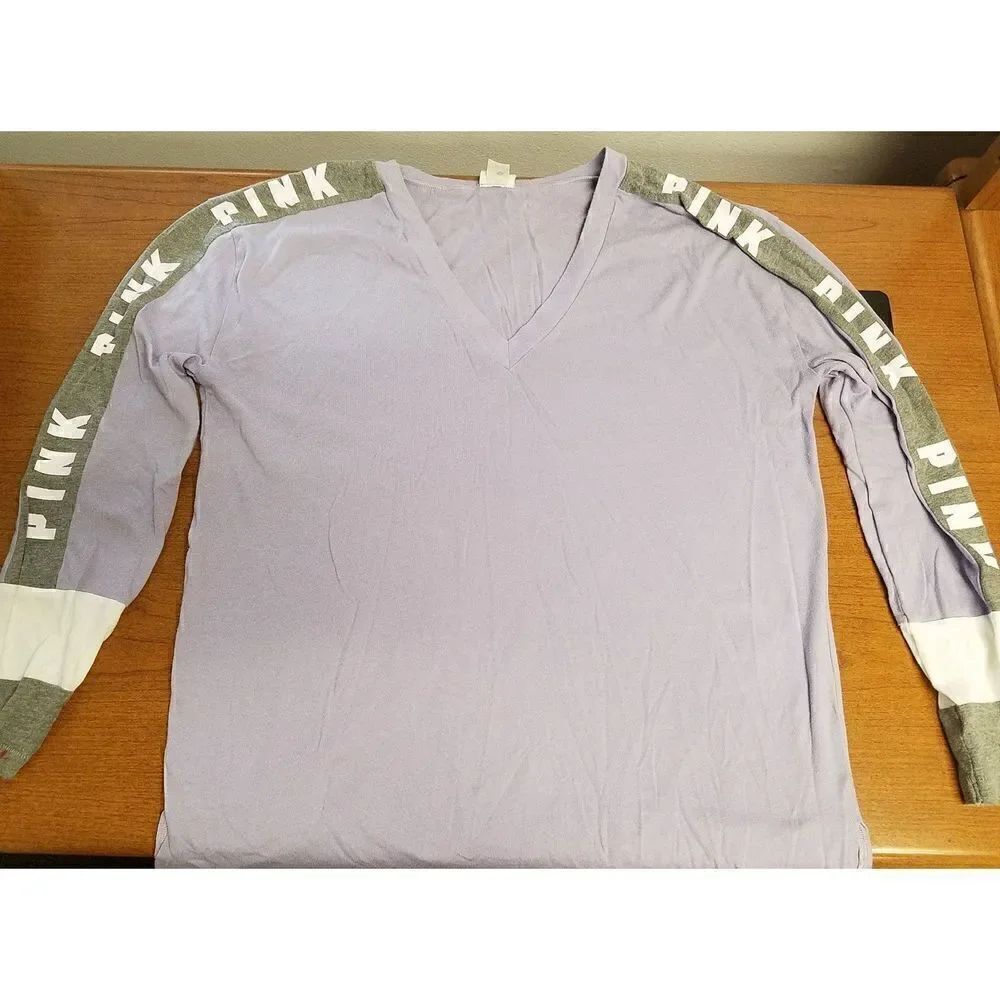 PINK small lavender "V" neck, long sleeved t-shirt with grey stripe with PINK in